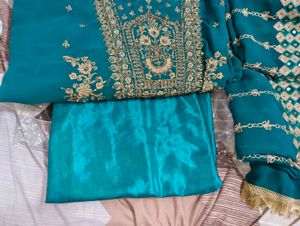 Teal Embroidered unstitched Kurta with Dupatta