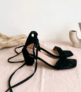 Black Suede strappy Lace-Up Block Heels