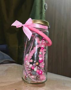 Assorted Pink Beaded Jewelry Jar