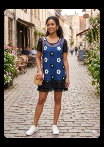 Blue Floral Mesh Dress with Black Lace Trim