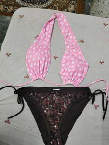 Pink Floral Bikini with Sequined Bottom