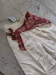 Cream Wide Leg Pants with Red Scarf Belt
