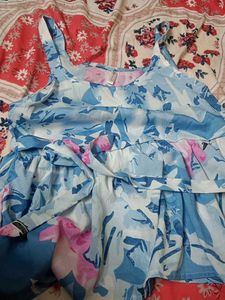 Blue Floral Ruffle Tank Top