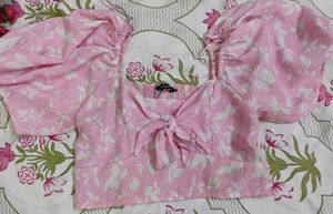Pink Floral Puff Sleeve Crop Top