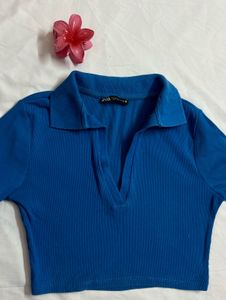 ZARA Blue Collared Crop Top