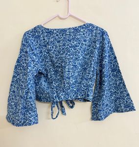 Blue Floral Tie-Front Cropped Blouse