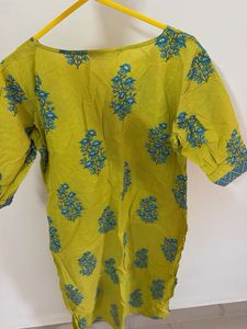 Vibrant Yellow Kurta with Blue Floral Print