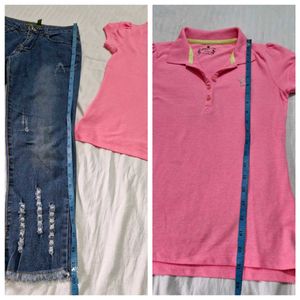 Pink Shirt And Ripped  Soft Jeans
