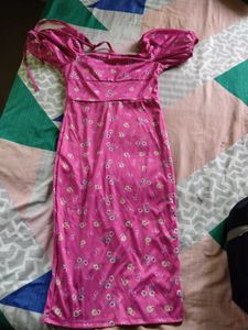 Korean style Pink Floral Print Dress with Slit