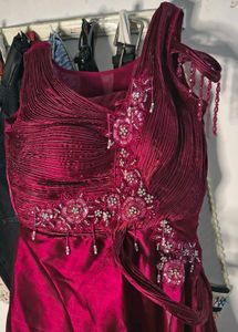 Wine Pleated Silk Designer Gown