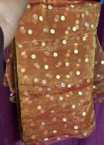 Orange Saree with Gold Polka Dots net
