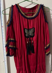 Red Cold Shoulder Top with Butterfly Embellishment