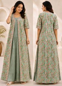 Elegant Floral Print Kurta Set with coat 🩷