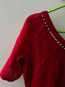 Red Kurta with Pearl Detail