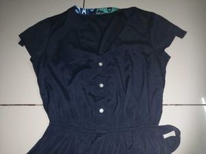 Navy Blue V-Neck Tie-Waist Dress