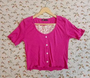 Hot Pink Cropped Button-Up Top🩷
