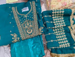 Teal Embroidered unstitched Kurta with Dupatta