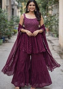 Purplish Embroidered Kurta Set with Shar