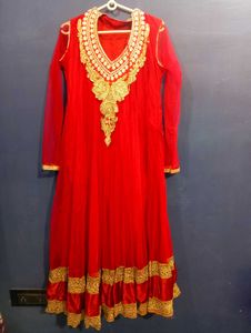 Red Anarkali Gown with Gold Embellishments