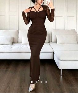 Elegant Brown Lace Sleeve Maxi Dress