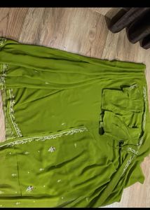 Elegant Olive Green Embroidered Saree