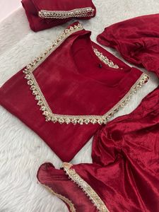 Elegant Red shiny fabric Kurta Set with Gold Trim