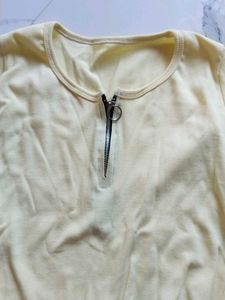 lemon yellow Ribbed Zip Neck Top