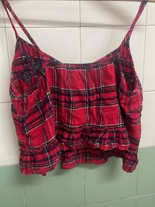 Red Plaid Cami Top with Ruffle Hem