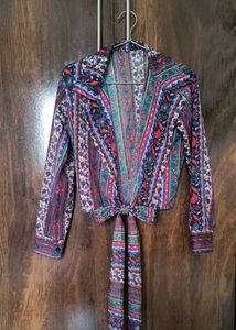 Boho Tie-back,front Print Crop Top