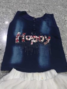 Girls Denim Top &amp; White Skirt Set