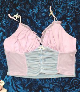 Cute Blue Lace Trim Cami mesh top👍