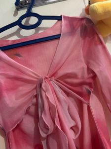 Sheer Pink Tie-Front Long Sleeve Top