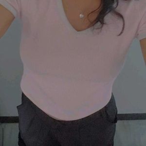 Pink Ribbed V-Neck Cropped Top