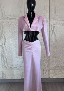 Baby pink shimmery two-piece co-ord set