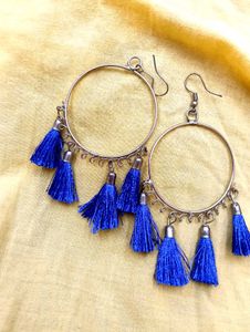 Blue Tassel Hoop Earrings