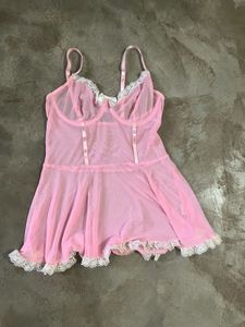 Vintage Aesthetic Pink Mesh Chemise with White Lac