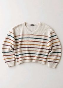 CREAM MULTI-COLOUR STRIPED V-NECK SWEATER