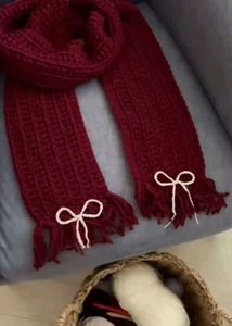 Burgundy Knit Scarf with Bows