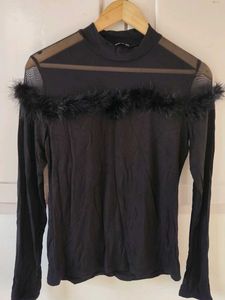Black Sheer Feather Trim Top