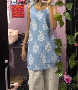 blue block print tie-strap kurti top
