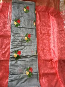 Grey With Red Floral Design ChanderiCotton Saree