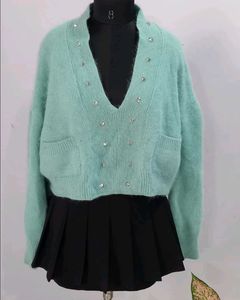 Mint Green Studded V-Neck Sweater