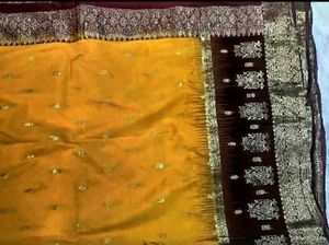Mustard yellow Meroon pure Kanjeevaram silk sari
