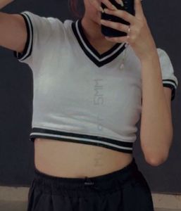 Striped Trim V-Neck Crop Tee