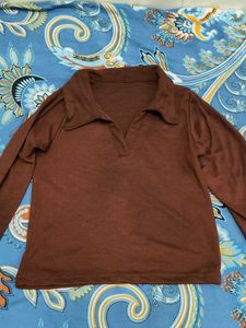 Brown Collared Long Sleeve Top
