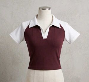Maroon & White Collared Crop Top