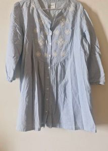 Powder Blue Embroidered Cotton Short Kurti