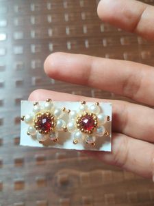 Pearl &amp; Ruby Floral Stud Earrings