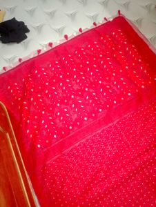 Vibrant Red Cotton Saree with White Motifs