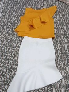 Stylish Yellow Top &amp; White Skirt Set